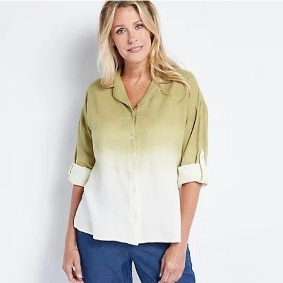 J Jason Wu X-Small Dip Dye Button Front Blouse-Linen Blend-Ombre-Roll Tab Sleeve - Picture 1 of 9
